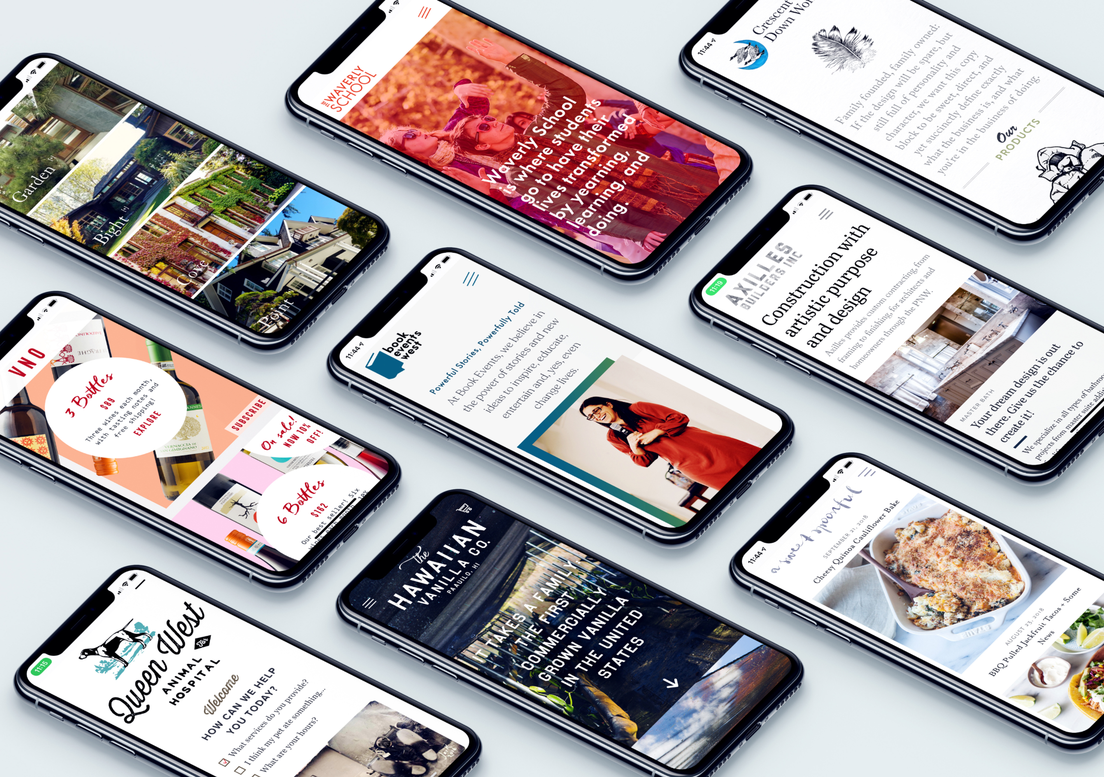 Many website designs displayed on iPhones